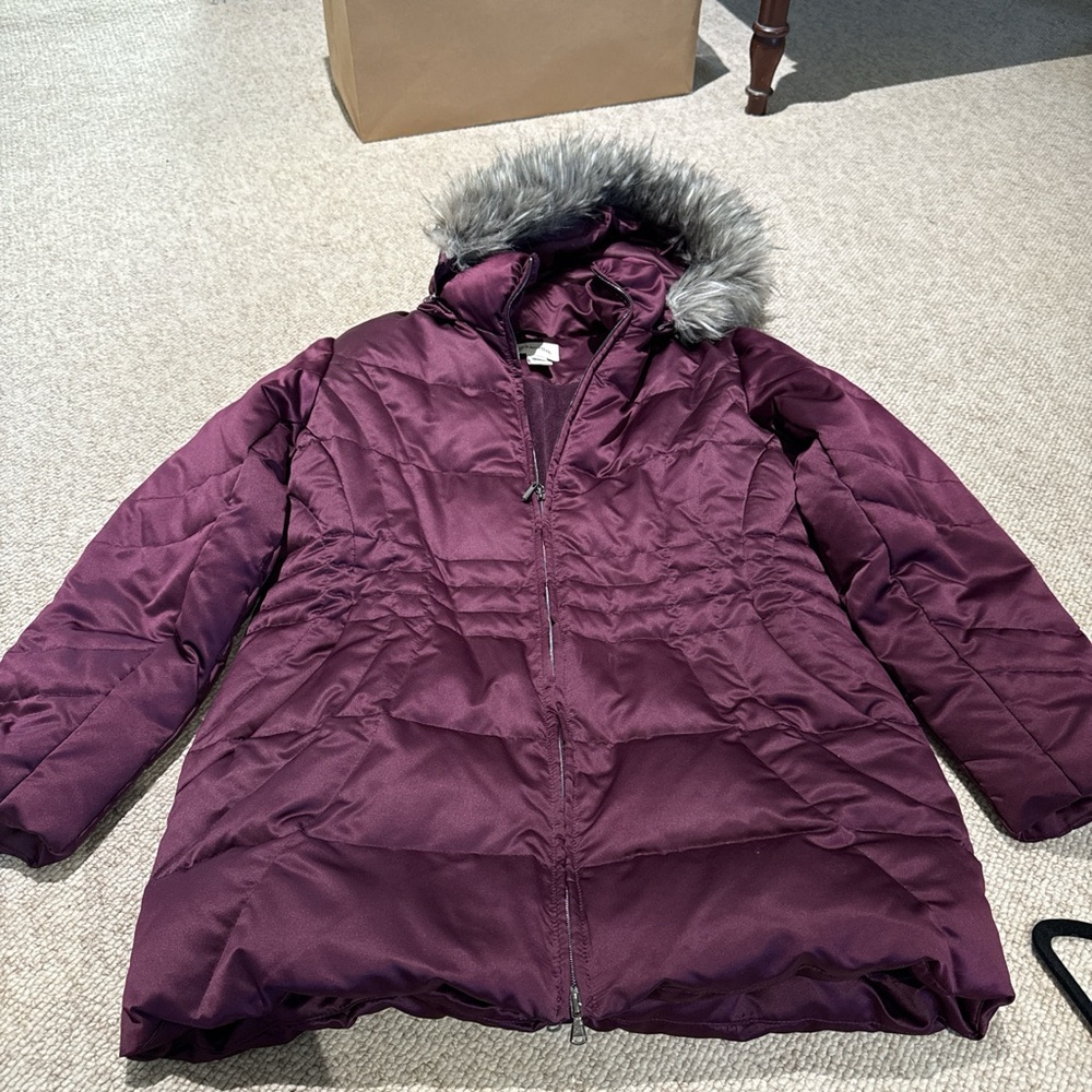 St. John's Bay Plum Puffer Coat with Faux Fur Trim